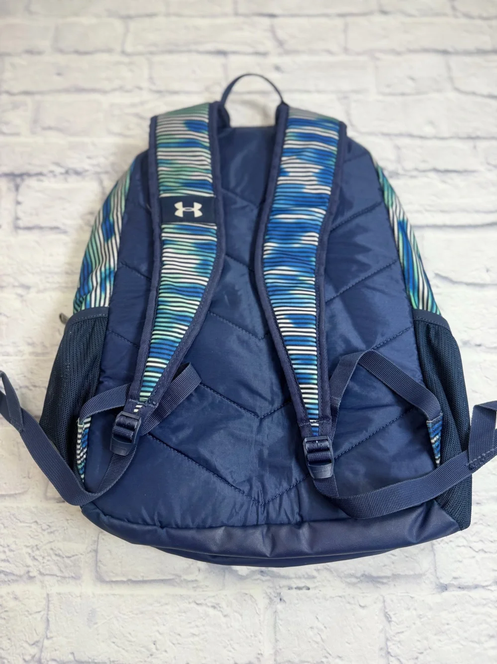 Under Armour Navy Blue Striped Backpack with Lime Accents